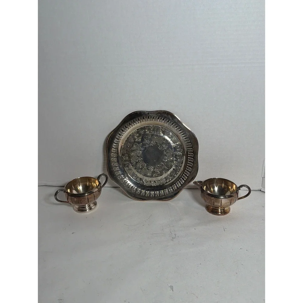 Viking Plate Silver Plated Cream & Sugar Set with Tray Made in Canada EP Copper